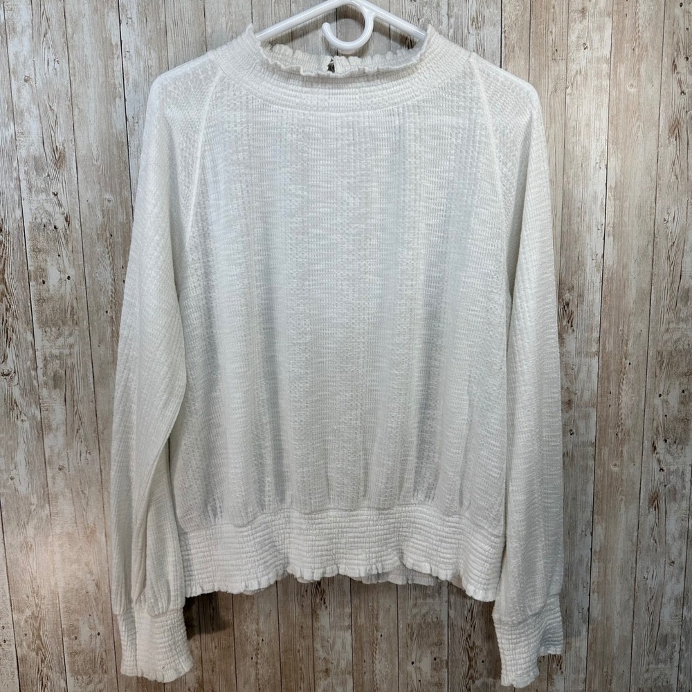 Free People Womens White Waffle Mock Neck Smocked Waist Button‎ Blouse Large